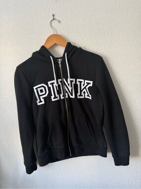 Victoria's Secret PINK Black Zip-Up Hoodie with White Logo